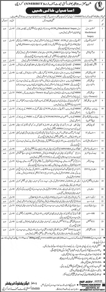 Shaheed Mohtarma Benazir Bhutto Institute of Trauma (SMBBIT) Karachi jobs