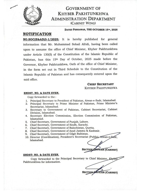 Sohail Afridi Sworn In as New CM KP